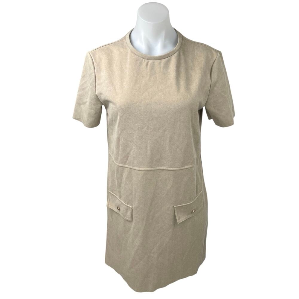 NEW Zara Beige Nude Faux Leather Suede Short Sleeve Mini Tee T-Shirt Dress M - Picture 4 of 8